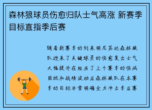 森林狼球员伤愈归队士气高涨 新赛季目标直指季后赛