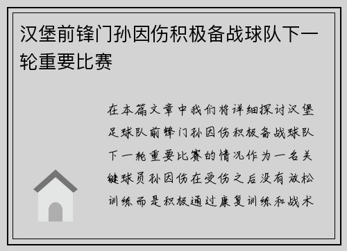 汉堡前锋门孙因伤积极备战球队下一轮重要比赛