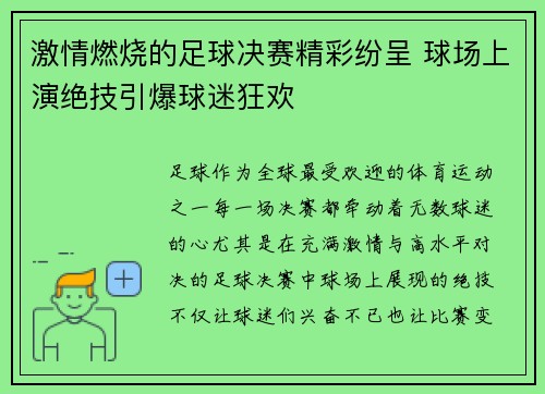 激情燃烧的足球决赛精彩纷呈 球场上演绝技引爆球迷狂欢