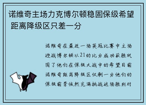诺维奇主场力克博尔顿稳固保级希望 距离降级区只差一分