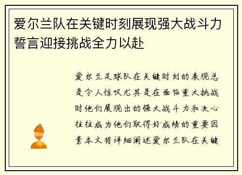 爱尔兰队在关键时刻展现强大战斗力誓言迎接挑战全力以赴