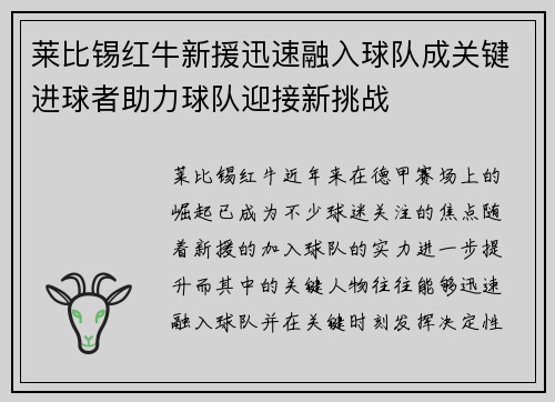 莱比锡红牛新援迅速融入球队成关键进球者助力球队迎接新挑战